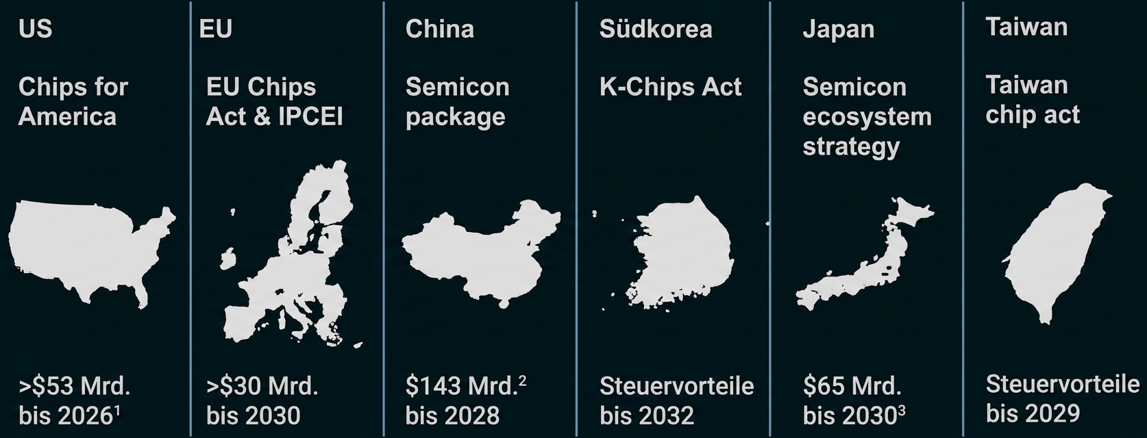 Infografik zu Halbleiterförderprogrammen in USA, EU, China, Südkorea, Japan und Taiwan.